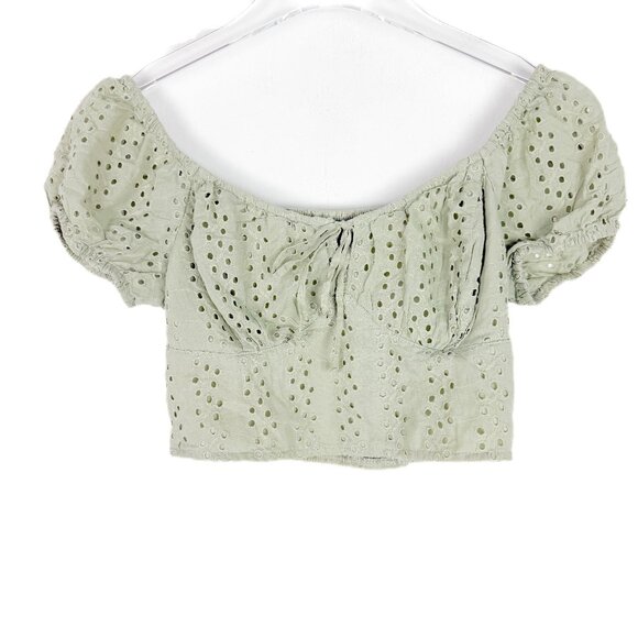 Hollister Tops - Hollister Puff Sleeve Smocked Eyelet Crop Top Sage Green Size Small S EUC
